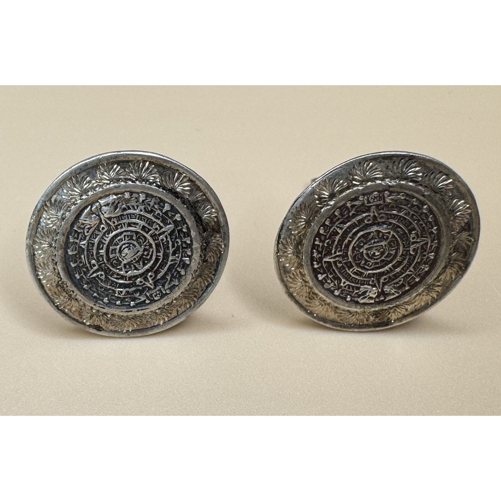 Tencha 925 Sterling Silver Aztec Mayan Calendar Cufflinks Mexico 10.6g